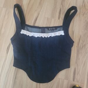 Motel Rocks Navy Blue Crop Top with White Lace Trim
